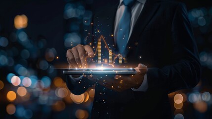 Businessman using a tablet with digital projection of graphs and cityscape, symbolizing futuristic business growth. Created with Generative AI