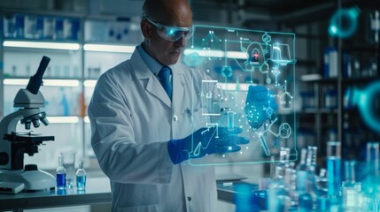 Scientist in a lab analyzes data with futuristic holographic interface surrounded by advanced research equipment. Created with Generative AI