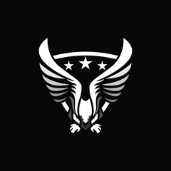A patriotic emblem featuring three stars above an eagle with outstretched wings on a shield.