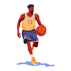 Male basketball pro player in mid-dribble Fitness concept. Flat vector illustration on white