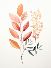 An autumnal boho botanical illustration in watercolor, featuring leaves in warm, rich colors perfect for seasonal decor.