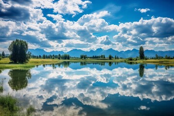 Tranquil lake waters perfectly reflecting a range of distant mountains and billowing clouds under a dynamic blue sky.