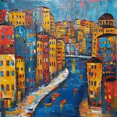 Fototapeta premium A painting of a city with colorful buildings and a river 