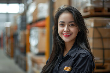 Malay woman wearing delivery officer uniform in the sorting warehouse