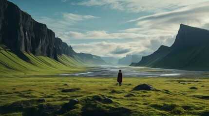 A solitary figure draped in red stands in a vast valley, with towering cliffs on either side leading towards distant mountains under a cloudy sky.