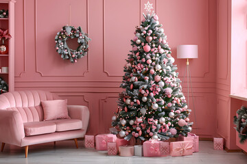 Happy holidays room decoration. Decorated with toys festive christmas tree in modern living room interior