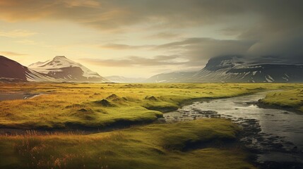Golden sunlight washes over a lush green field, with a winding river leading the eye towards distant snow-capped mountains under a moody sky.