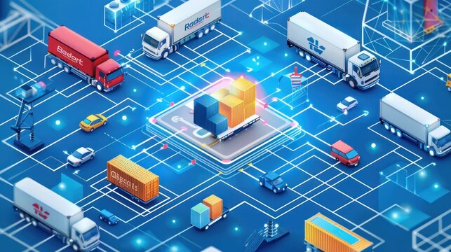 Industrial 3D illustration design of goods delivery truck in sorting center. With AI technology.