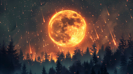 Meteor shower over forest, night sky, stars, orange glow on the full moon