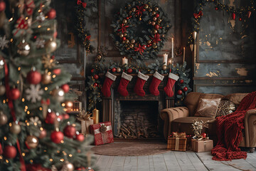 christmas tree with toys and gift box, festive home decoration