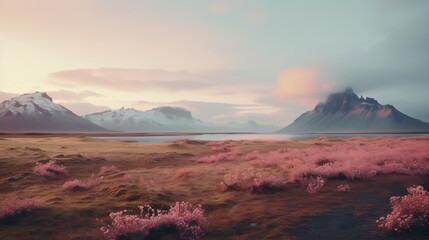 A pink floral meadow contrasts against the backdrop of majestic mountains under the soft glow of a sunset sky.