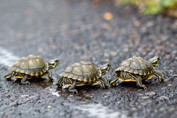 Fototapeta premium Three turtles racing on asphalt road.