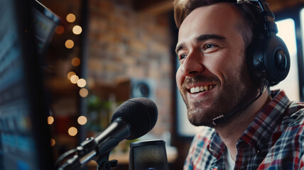 Happy radio presenter speaking into a microphone in a studio