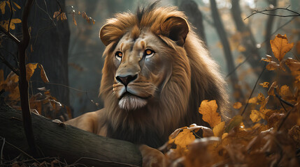 Great Lion in the forest at morning with sunshine flare.