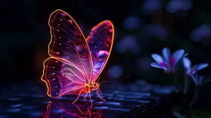 A neon butterfly perched delicately on a black surface, its radiant glow illuminating the darkness with a touch of brilliance