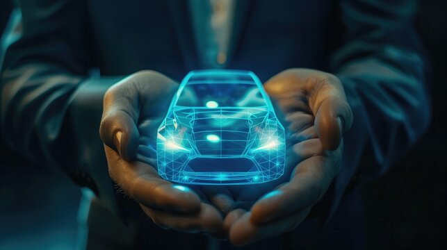 Insurance images, Vehicle Insurance, A businessman is holding the blue glowing car, vehicle insurance