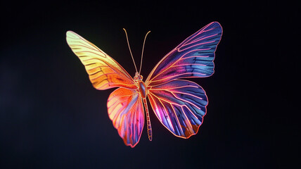 A vivid neon butterfly hovering gracefully against a stark black backdrop, its radiant colors mesmerizing the viewer