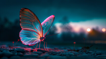 e(s): The soft glow of a neon butterfly against the darkness of the night, its vibrant colors painting the sky with hues of electric blue and neon pink
