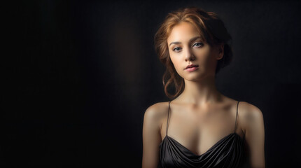 Studio portrait of a young woman wearing a black satin gown and standing against a black backdrop. She has long auburn hair and is worn loosely around her face. Copy space.