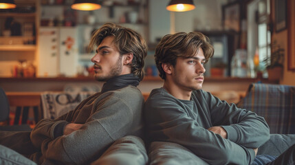 Two brothers or close friends at odds with each other and having an argument. Refusing to speak to each other.