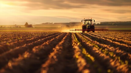 Fototapeta premium Tractor spraying pesticides on agricultural land