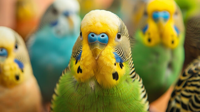 An image of green, blue, and yellow parakeets or budgies. Feathered pets from the tropics.