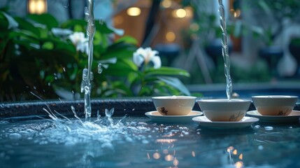The sound of a gently trickling fountain provides a soothing soundtrack for the evening as guests indulge in their tea of choice.