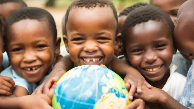 Joyful African children holding globe, emphasizing global unity, cultural diversity, environmental stewardship. Symbolizes hope for brighter future.
