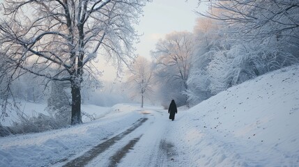 A woman is walking down a snowy road