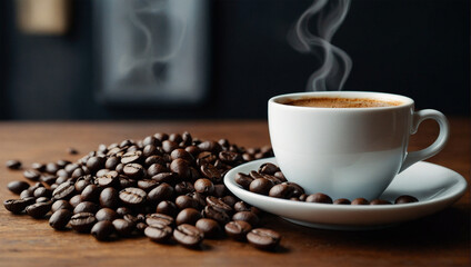 Coffee cup and coffee beans - obrazy, fototapety, plakaty