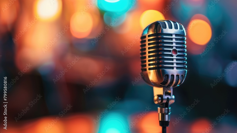 Wall mural vintage microphone against backdrop of colorful bokeh lights