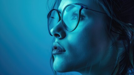 Close-up of woman with glasses in blue lighting looking upwards - obrazy, fototapety, plakaty