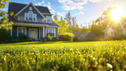 Sunlight shines over lush lawn in front of suburban home during sunrise or sunset - obrazy, fototapety, plakaty