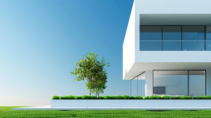Modern house with large windows and minimalist design in grassy field under clear sky - obrazy, fototapety, plakaty