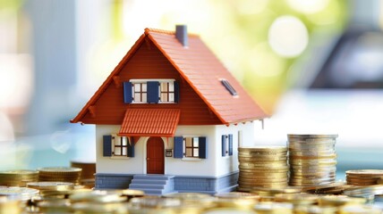 Model house sits on coins against blurred background - obrazy, fototapety, plakaty