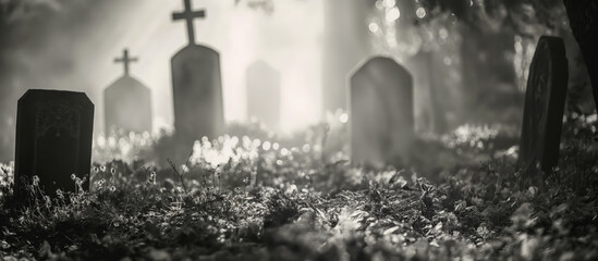 Ethereal Scene of Forgotten Cemetery with Light coming from Above in Monochrome 