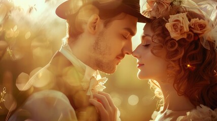 Romantic couple close up, warm sunlight, vintage style clothing, intimate moment - obrazy, fototapety, plakaty
