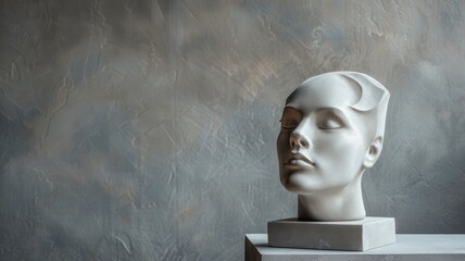 White sculpted bust of woman with smooth surface against textured background - obrazy, fototapety, plakaty