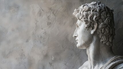 Classical marble statue of male figure with curly hair against textured wall - Powered by Adobe