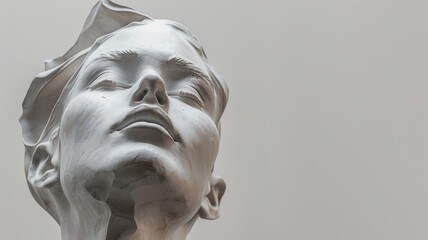 Close-up of white, marble bust sculpture showing woman's face with flowing hair - obrazy, fototapety, plakaty