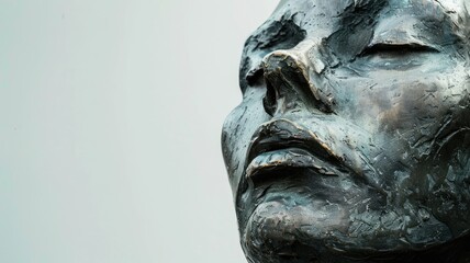 Close-up of textured metallic sculpture depicting human face with abstract, stylized design - obrazy, fototapety, plakaty