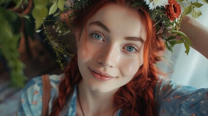 Woman with red hair, freckles, and floral headpiece smiling at camera - obrazy, fototapety, plakaty
