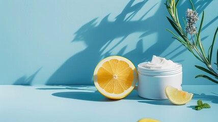 Open cosmetic jar with cream next to fresh lemon slices and green leaves on blue background - obrazy, fototapety, plakaty