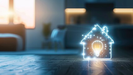 Digital illustration of glowing, neon outline house with light bulb inside on wooden floor background, indicating smart home or energy concepts - obrazy, fototapety, plakaty