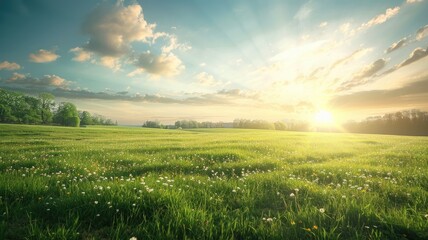 Sunrise over lush field with flowering plants and bright blue sky - obrazy, fototapety, plakaty