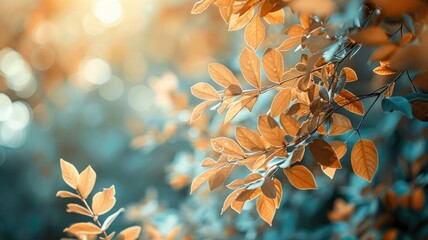 Golden leaves on branches against blurred background with bokeh lights - obrazy, fototapety, plakaty