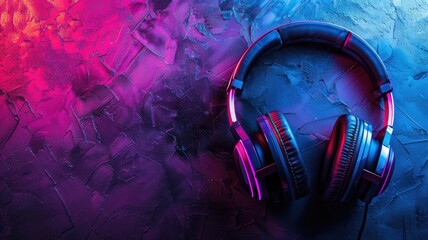 Colorful backlit headphones on textured surface - obrazy, fototapety, plakaty