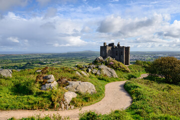 The castle on the top of Carn Brea, a hill overlooking the town of Redruth in Cornwall