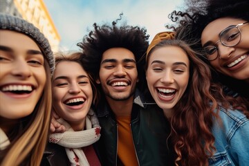 Portrait of group of multiethnic young people looking at camera and smiling while standing outdoors
