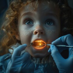 A dental specialist is examining a child's mouth, carrying out diagnostic treatment according to medical procedures, the background in the clinic is dimly lit - obrazy, fototapety, plakaty